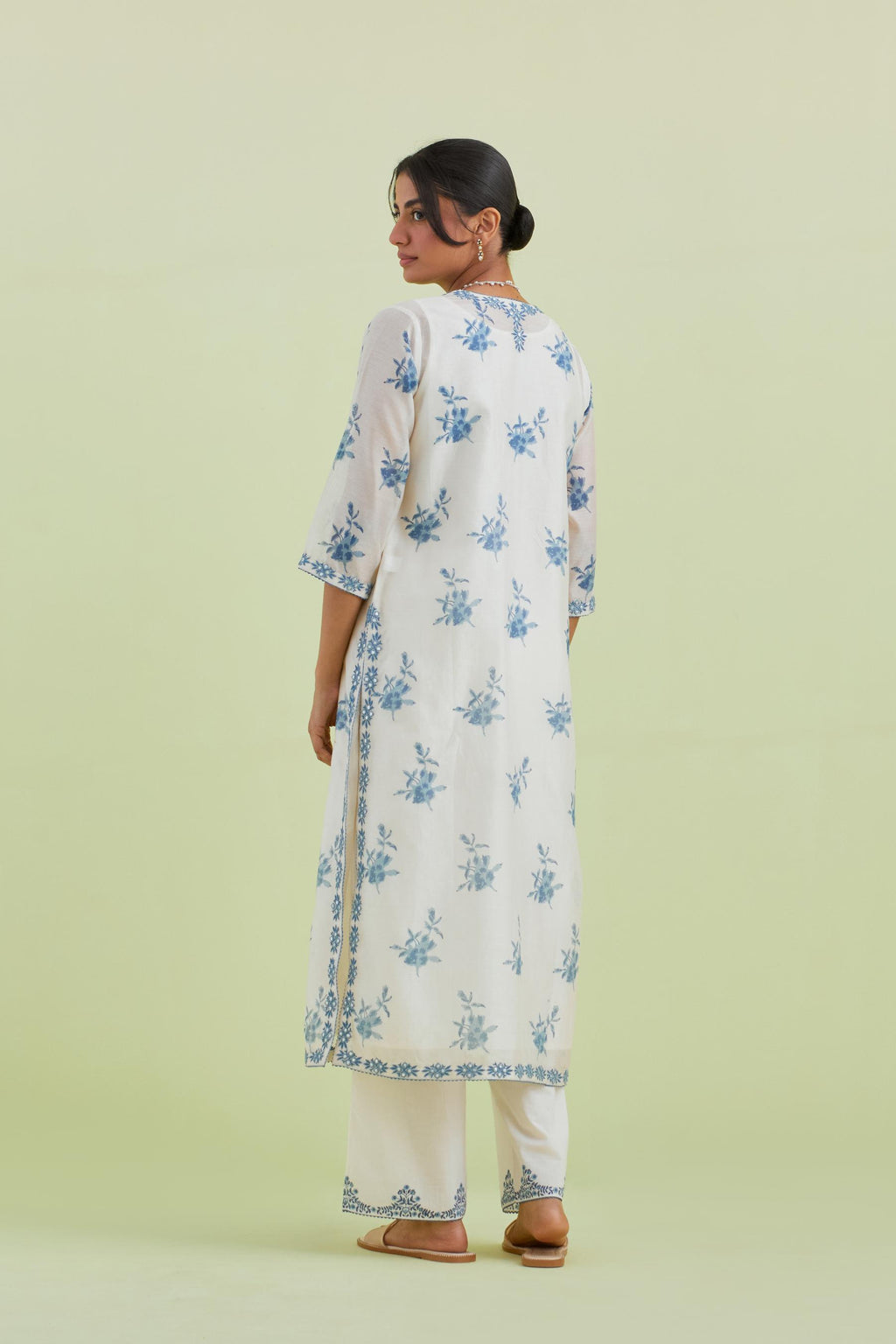 Blue and off-white silk chanderi hand block-printed straight long kurta set with blue thread and mirror embroidery.