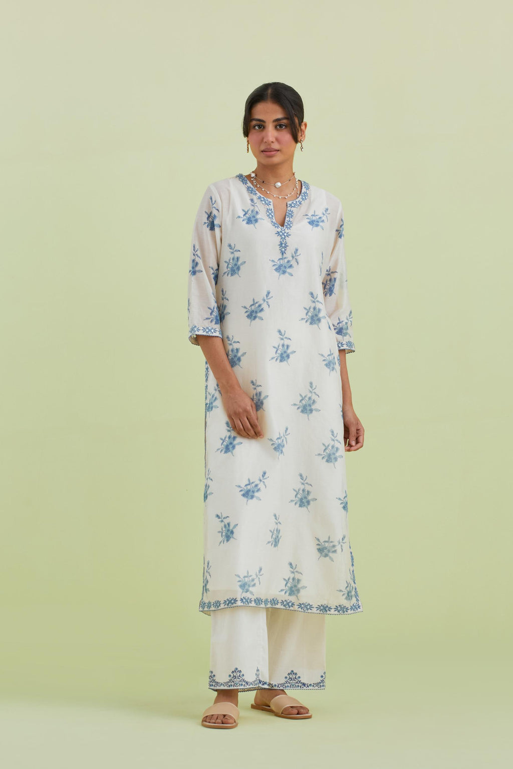 Blue and off-white silk chanderi hand block-printed straight long kurta set with blue thread and mirror embroidery.