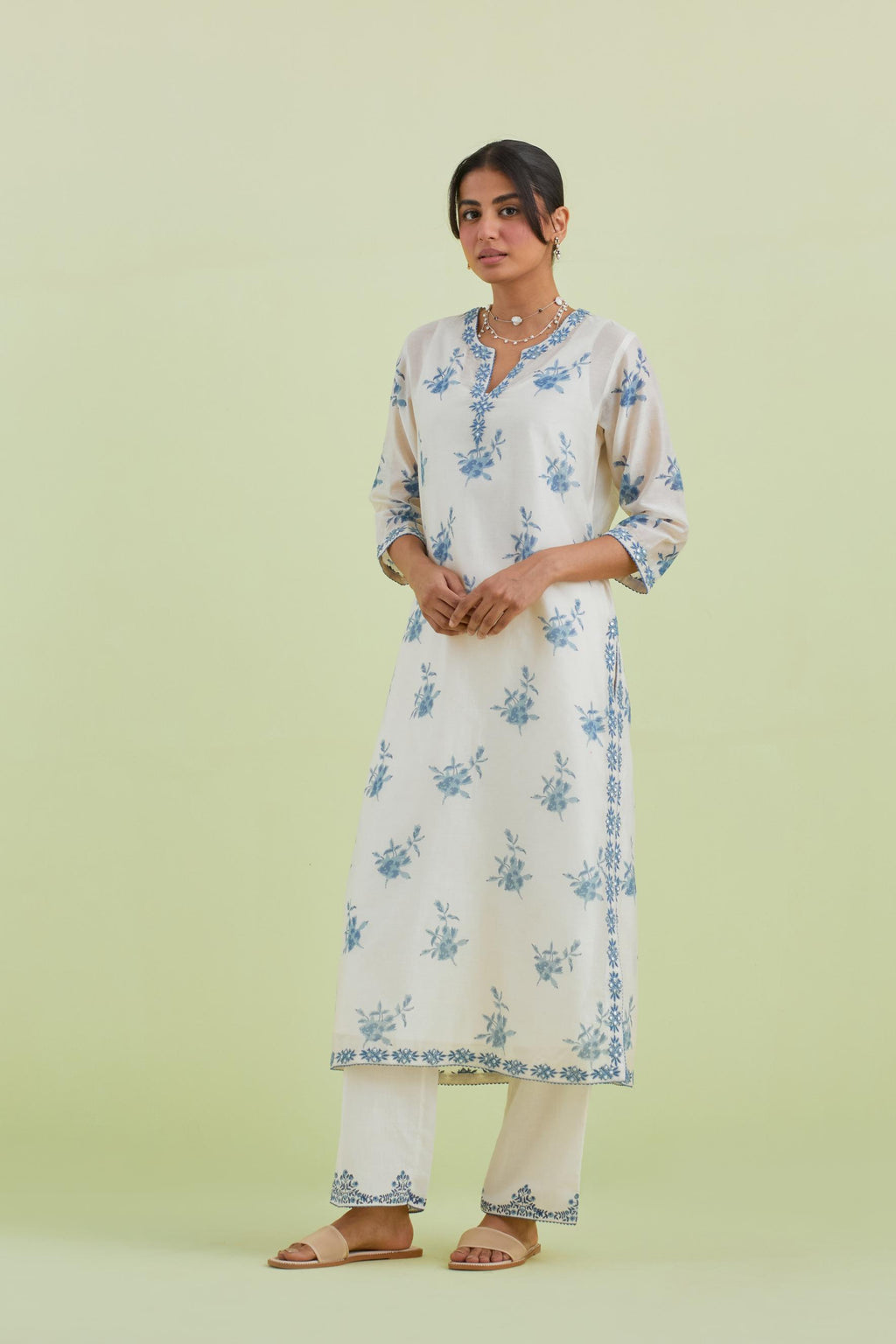 Blue and off-white silk chanderi hand block-printed straight long kurta set with blue thread and mirror embroidery.