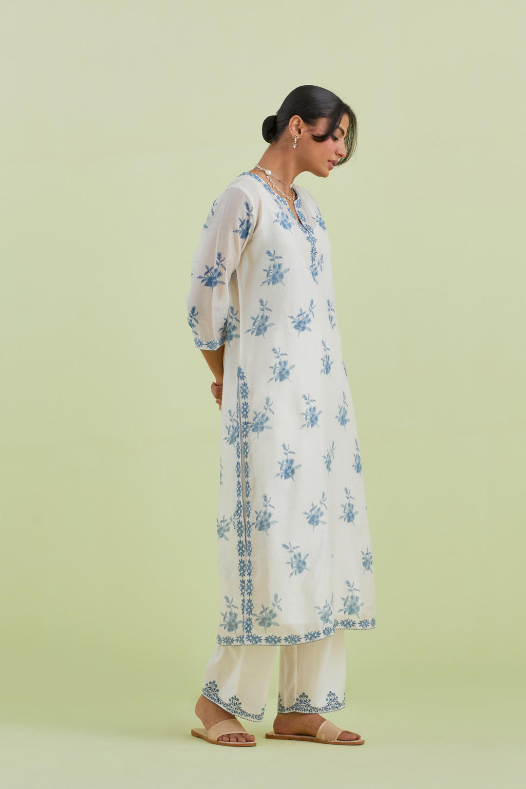 Blue and off-white silk chanderi hand block-printed straight long kurta set with blue thread and mirror embroidery.