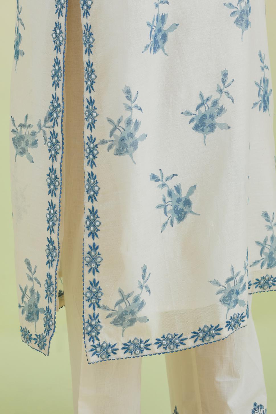 Blue and off-white silk chanderi hand block-printed straight long kurta set with blue thread and mirror embroidery.