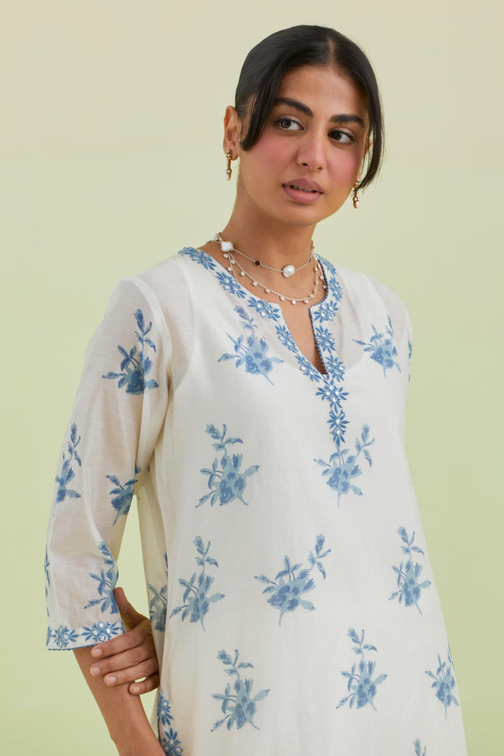 Blue and off-white silk chanderi hand block-printed straight long kurta set with blue thread and mirror embroidery.