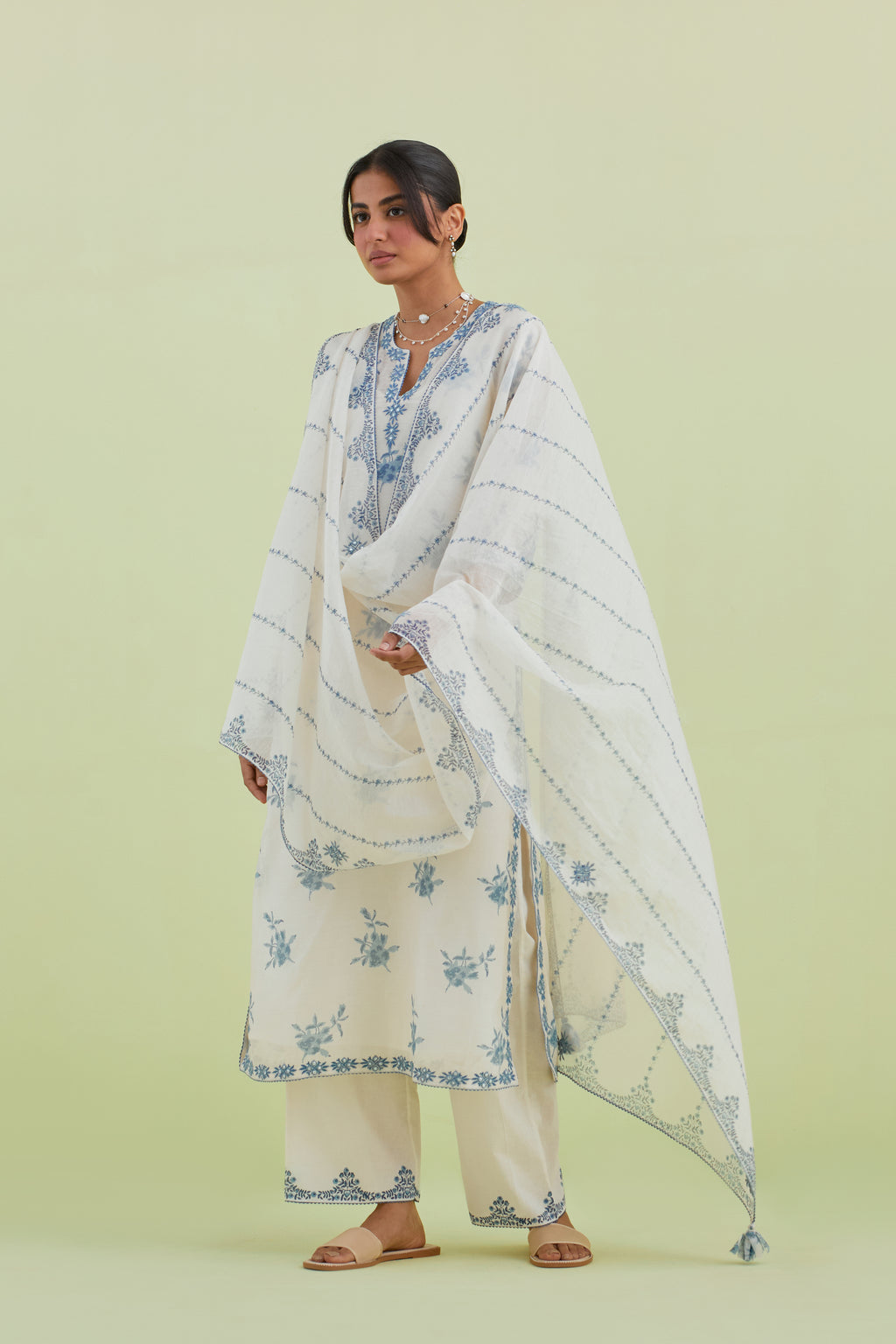 Blue & off-white cotton chanderi hand-block printed Dupatta with border and alternating vertical stripes print and thread and mirror embroidery.