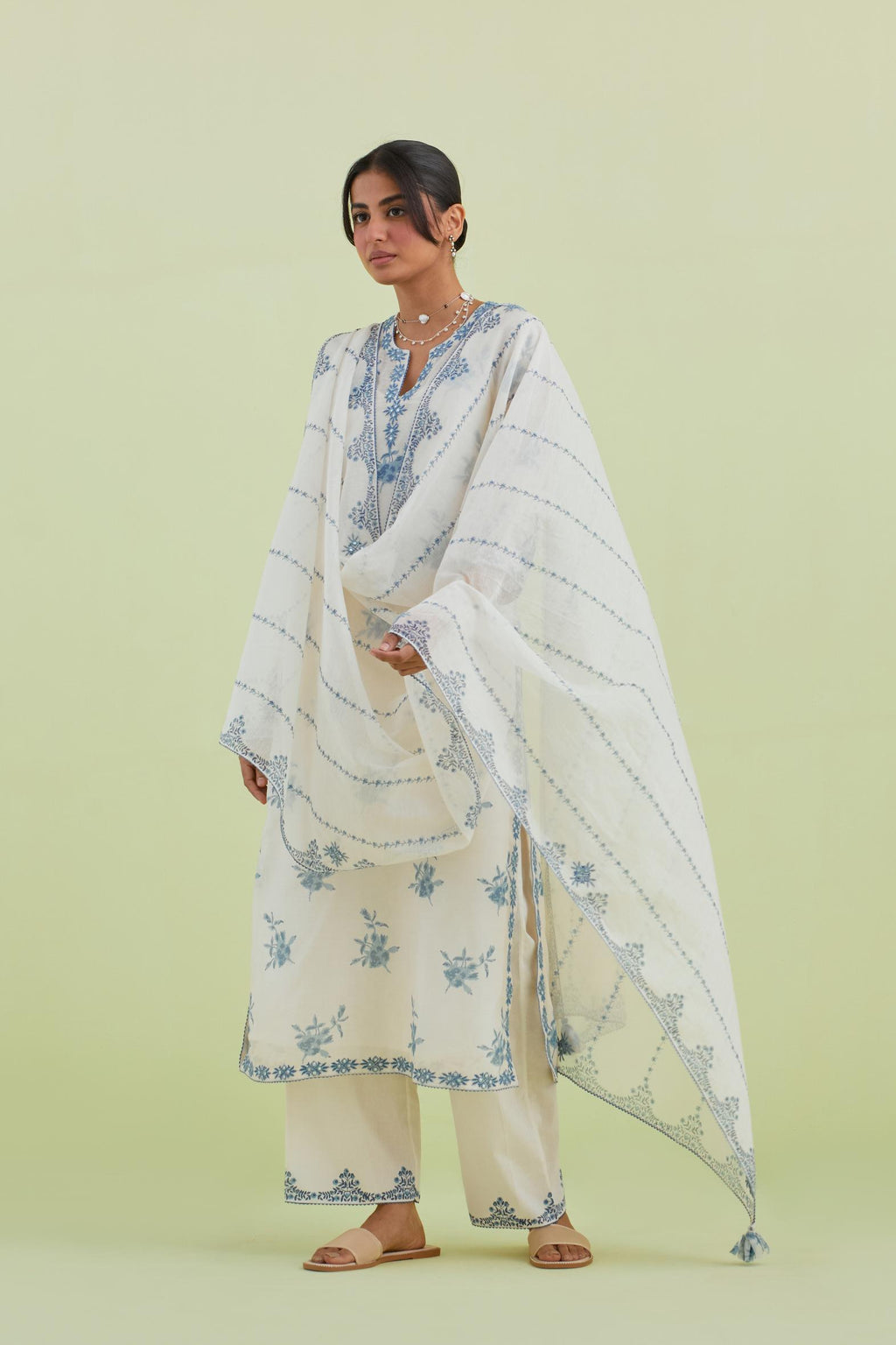 Blue and off-white silk chanderi hand block-printed straight long kurta set with blue thread and mirror embroidery.