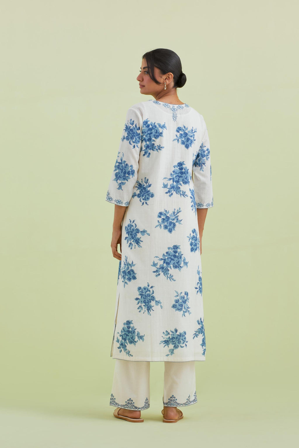 Blue and off-white cotton hand block-printed straight long kurta set with blue thread and mirror embroidery.