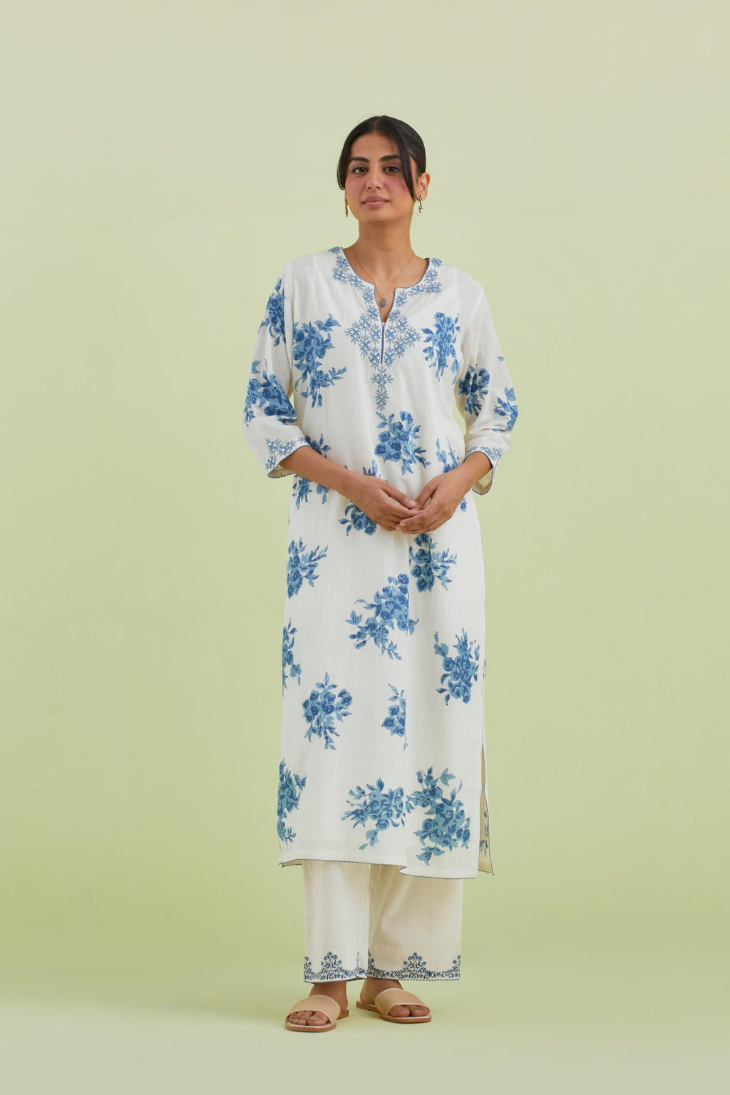 Blue and off-white cotton hand block-printed straight long kurta set with blue thread and mirror embroidery.