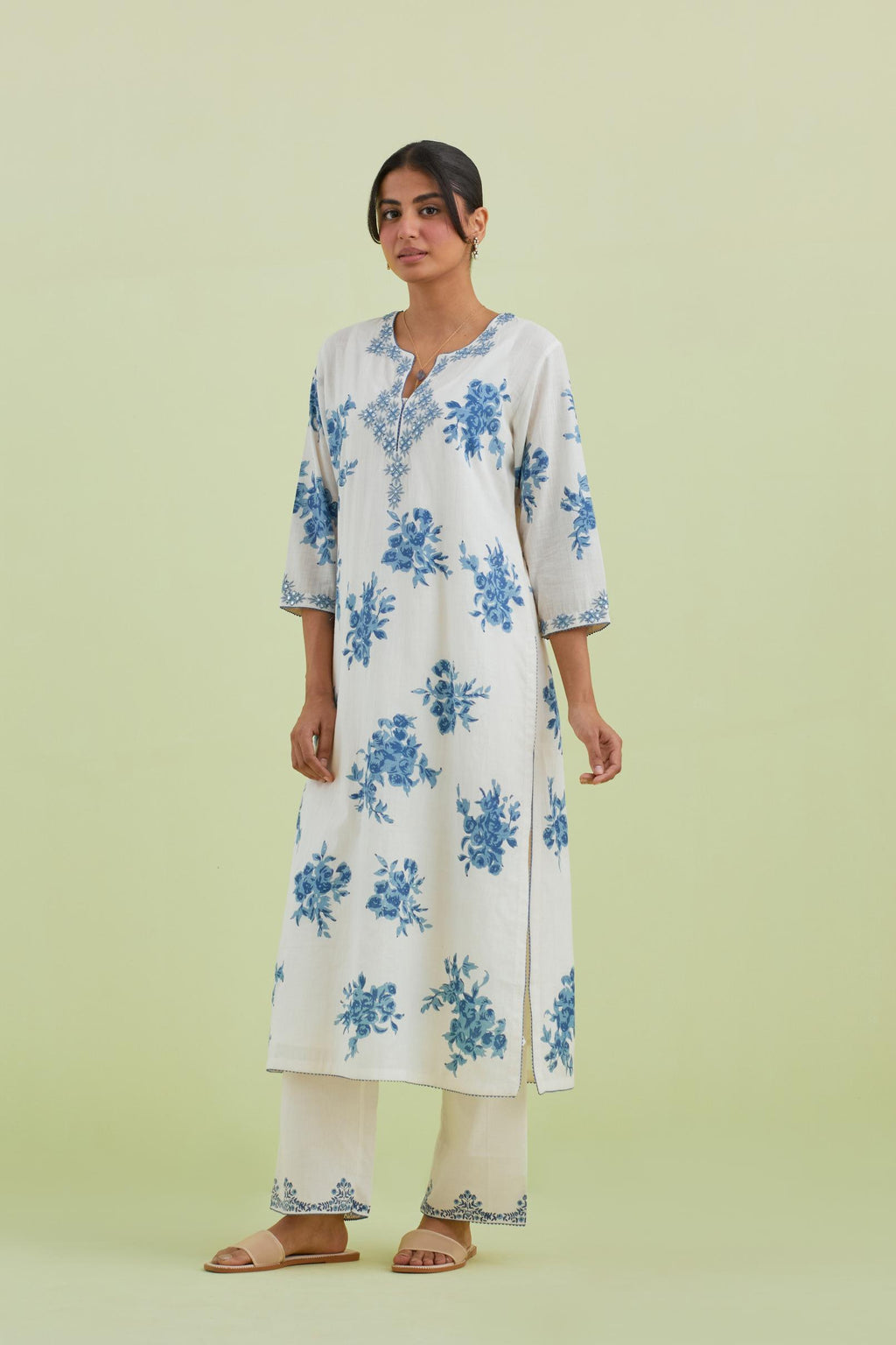 Blue and off-white cotton hand block-printed straight long kurta set with blue thread and mirror embroidery.