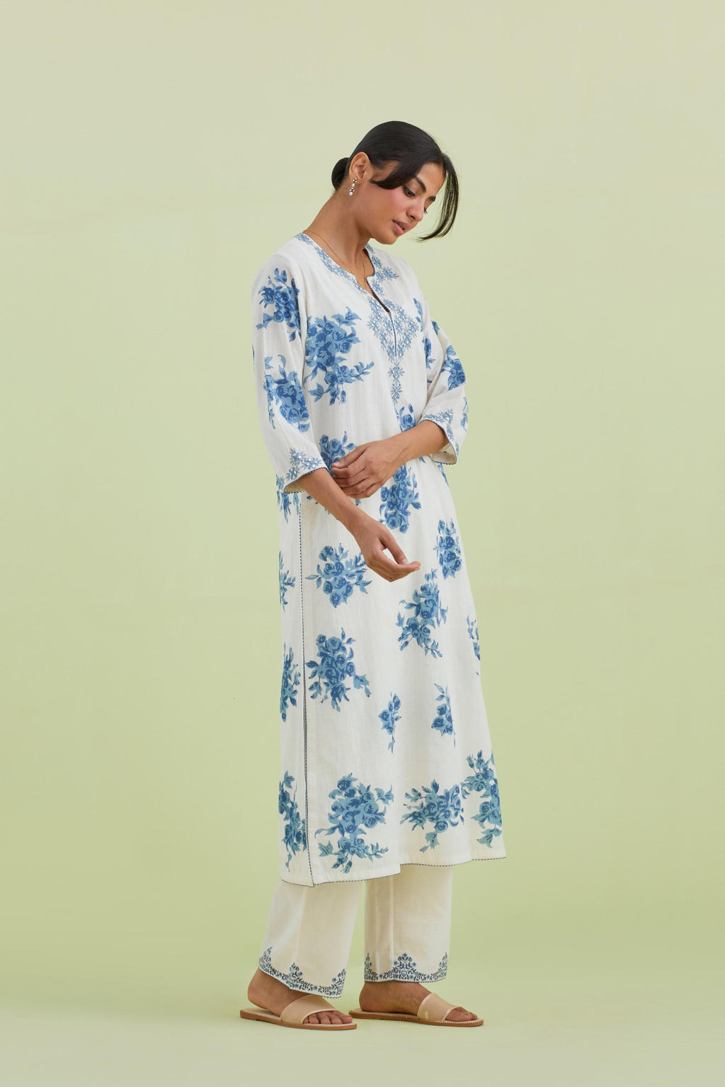 Blue and off-white cotton hand block-printed straight long kurta set with blue thread and mirror embroidery.