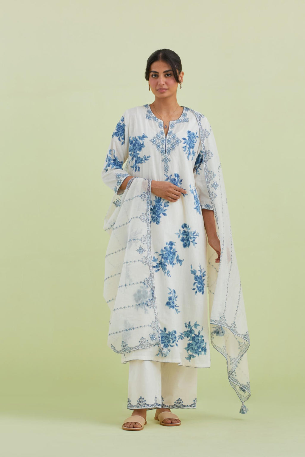 Blue and off-white cotton hand block-printed straight long kurta set with blue thread and mirror embroidery.