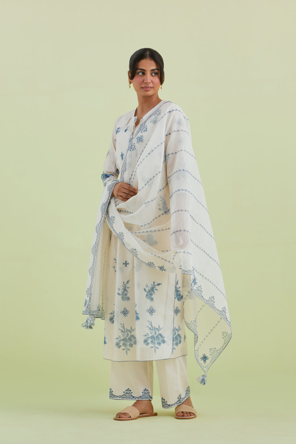 Blue & off-white cotton chanderi hand-block printed Dupatta with border and alternating vertical stripes print and thread and mirror embroidery.