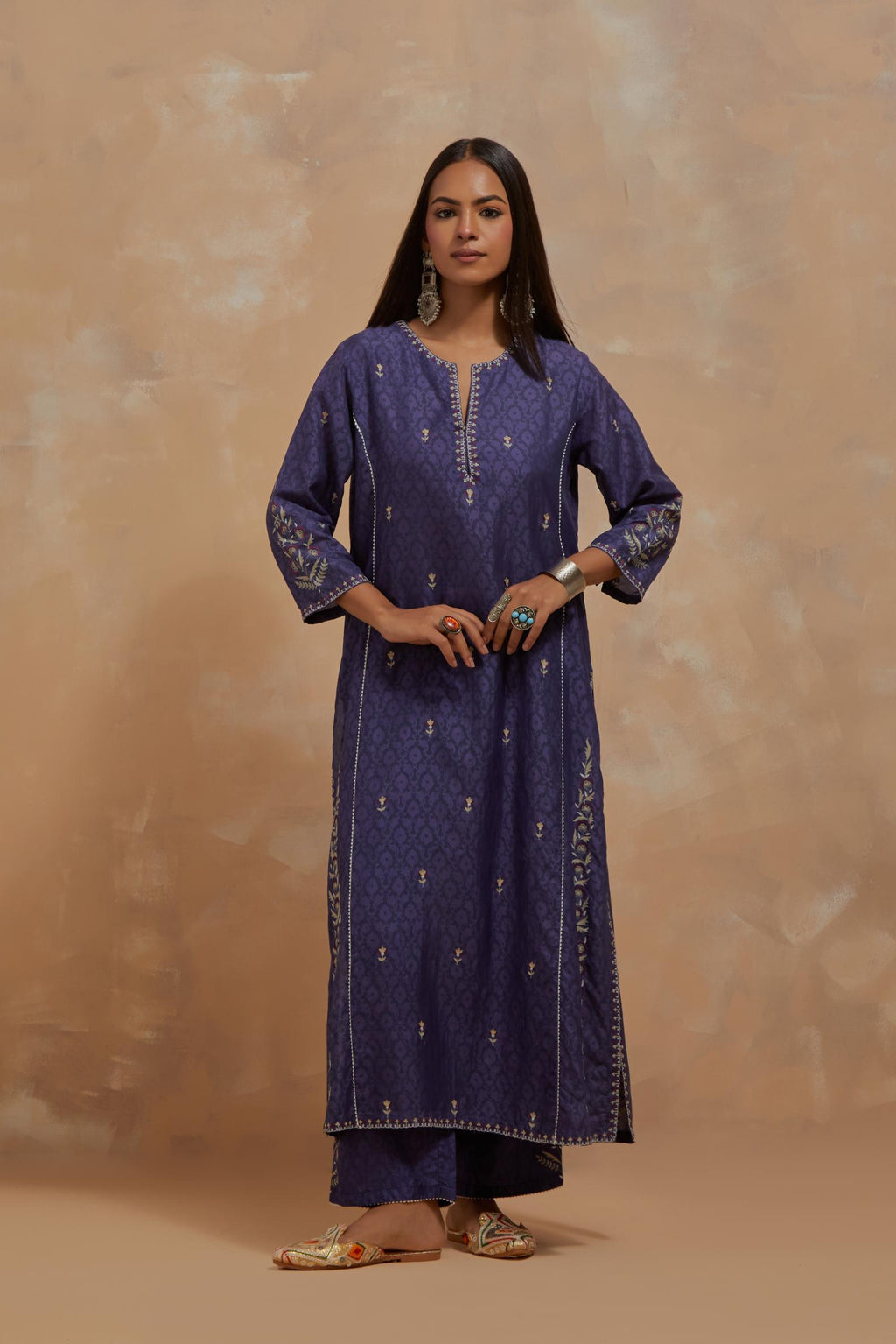 Ford blue silk hand block printed kalidar straight kurta set, highlighted with multi colored silk thread embroidery.