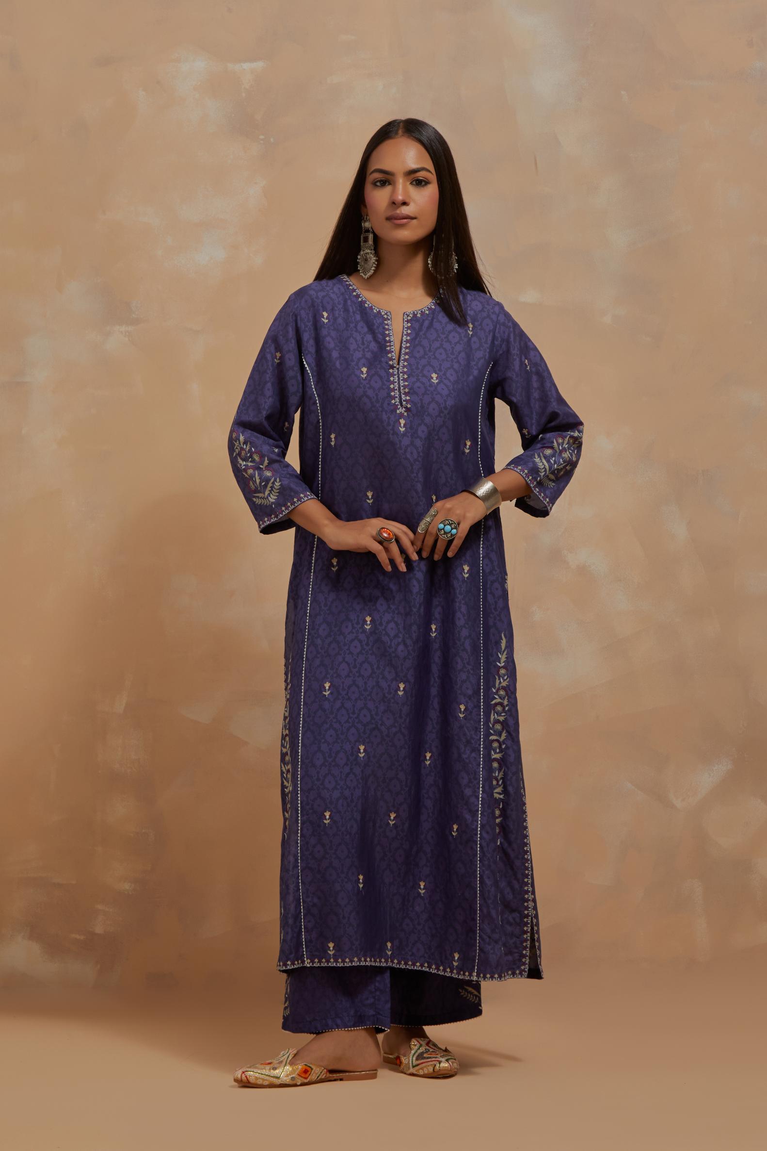 Ford blue silk hand block printed kalidar straight kurta set, highlighted with multi colored silk thread embroidery.