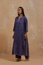 Ford blue silk hand block printed kalidar straight kurta set, highlighted with multi colored silk thread embroidery.