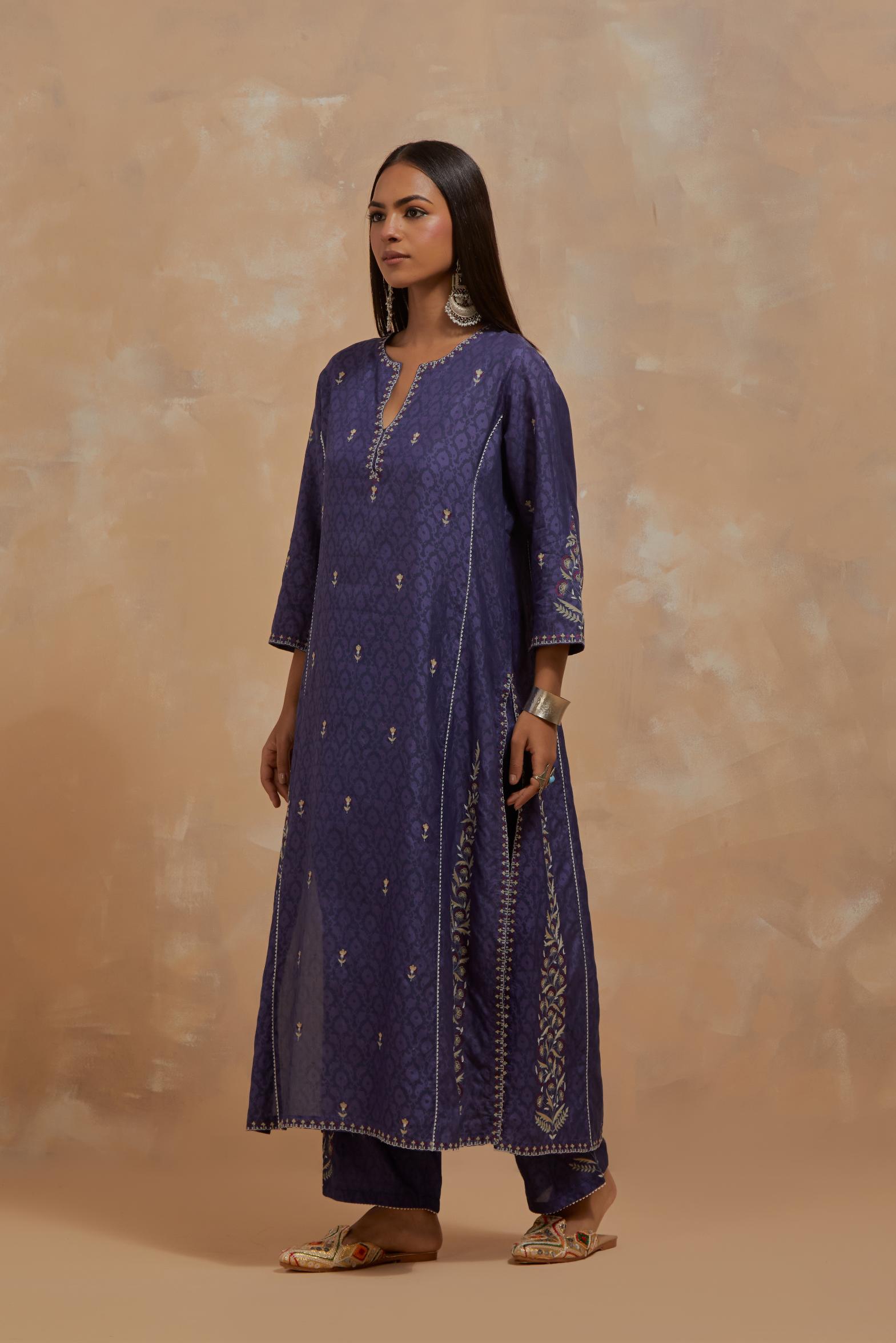 Ford blue silk hand block printed kalidar straight kurta set, highlighted with multi colored silk thread embroidery.