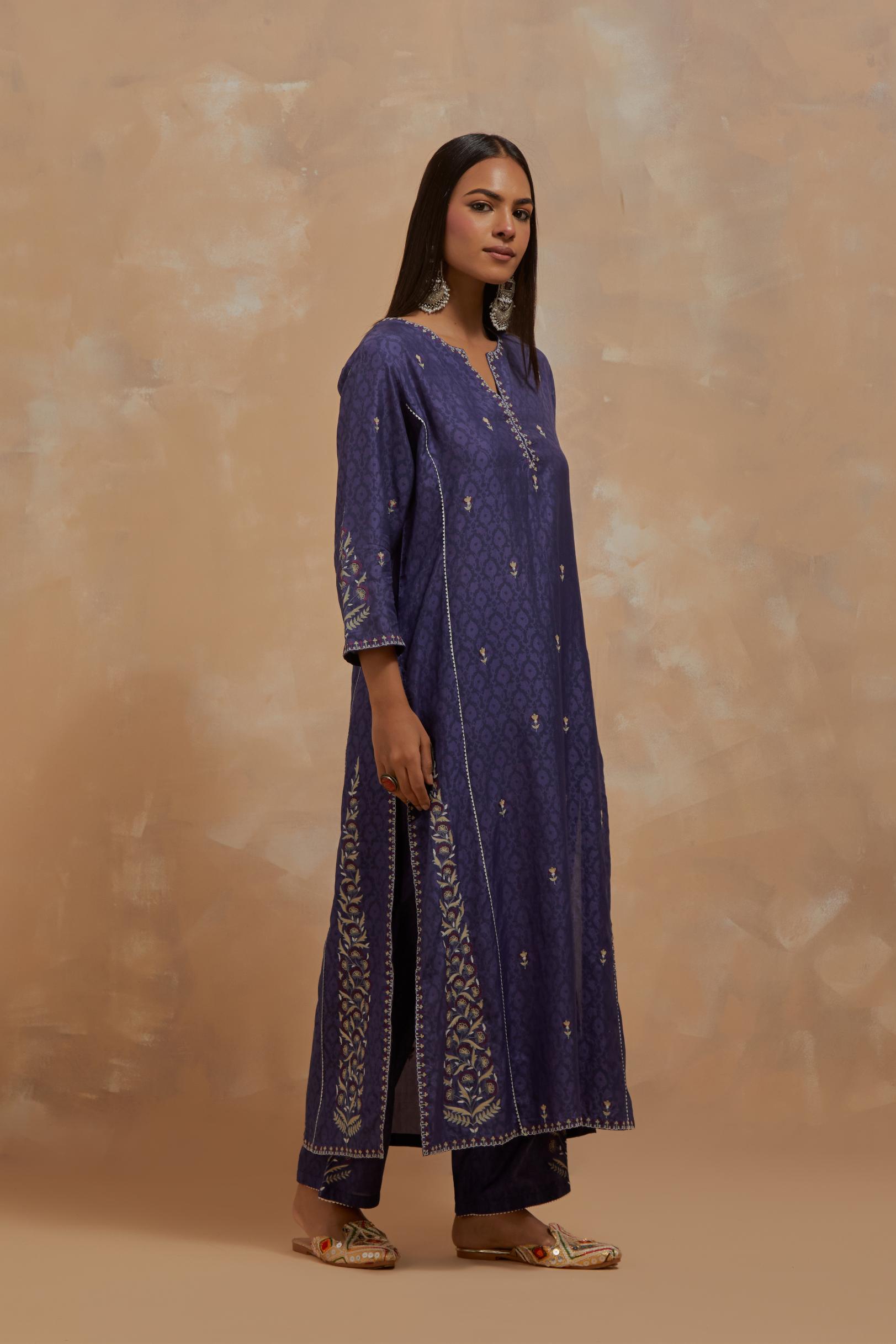Ford blue silk hand block printed kalidar straight kurta set, highlighted with multi colored silk thread embroidery.