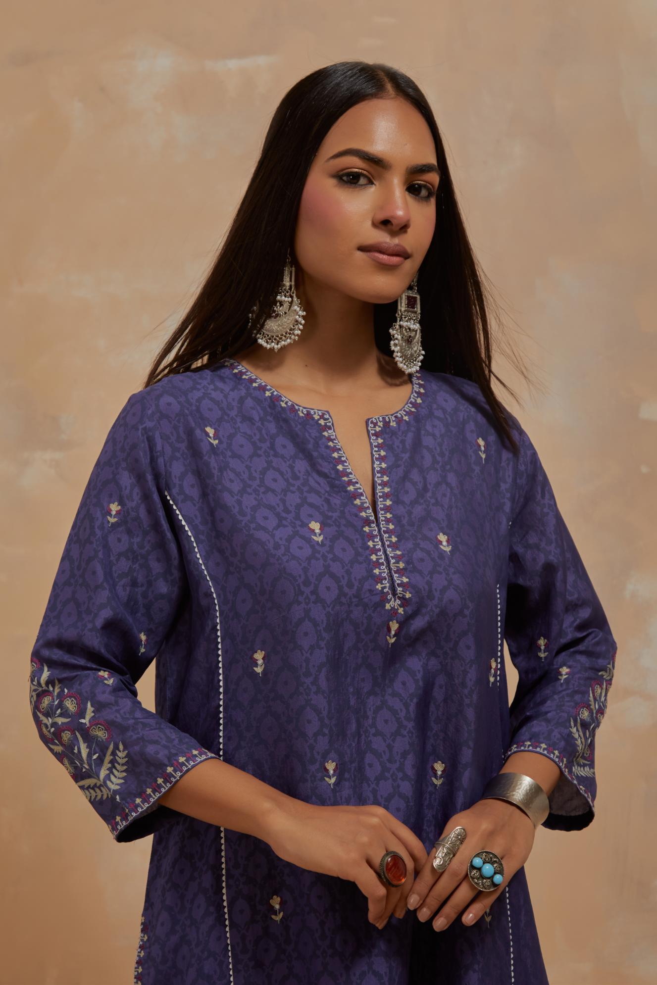 Ford blue silk hand block printed kalidar straight kurta set, highlighted with multi colored silk thread embroidery.