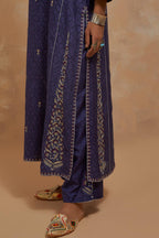 Ford blue silk hand block printed kalidar straight kurta set, highlighted with multi colored silk thread embroidery.