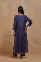 Ford blue silk hand block printed kalidar straight kurta set, highlighted with multi colored silk thread embroidery.