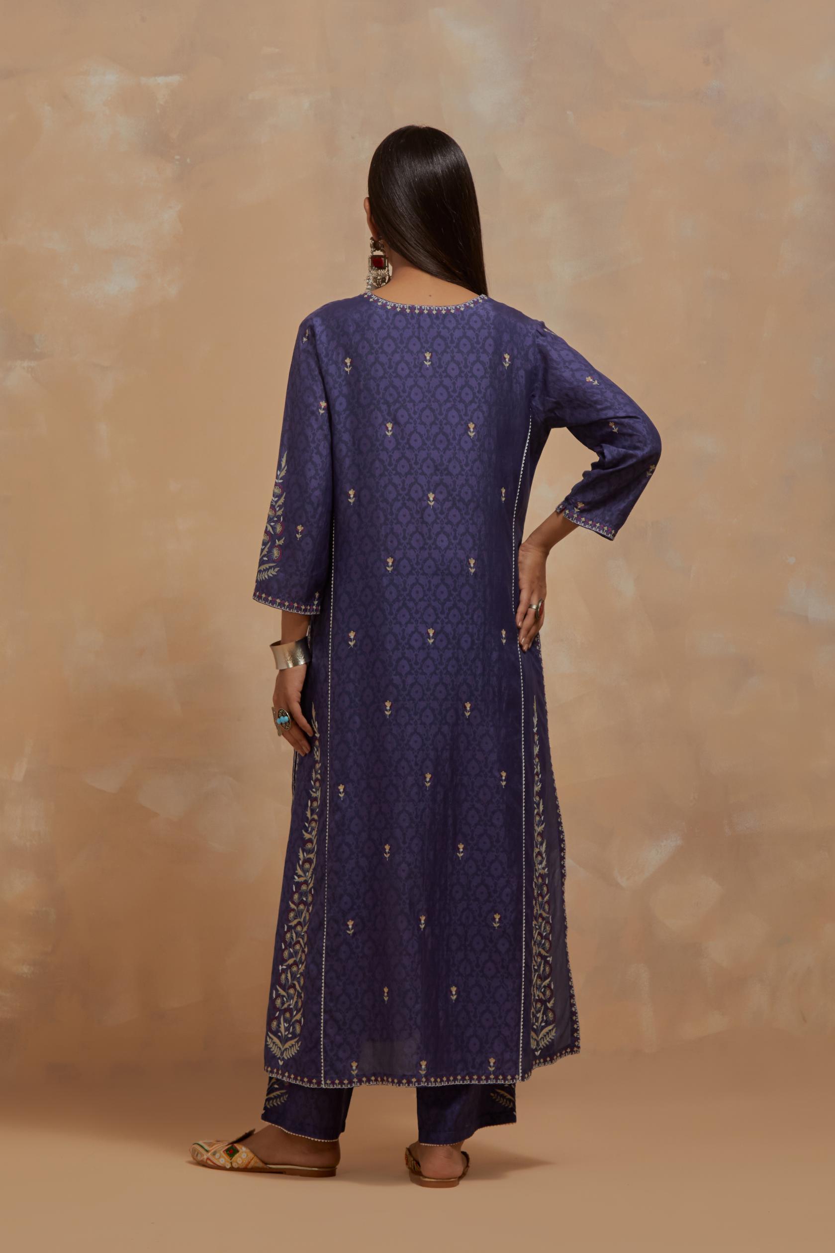 Ford blue silk hand block printed kalidar straight kurta set, highlighted with multi colored silk thread embroidery.