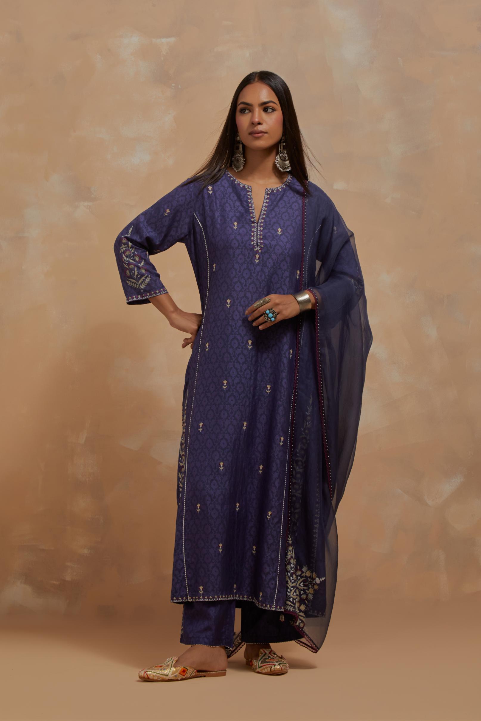 Ford blue silk hand block printed kalidar straight kurta set, highlighted with multi colored silk thread embroidery.