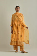 Yellow cotton chanderi embroidered kurta dress set with V neck, yoke and fine gathers at empire line.