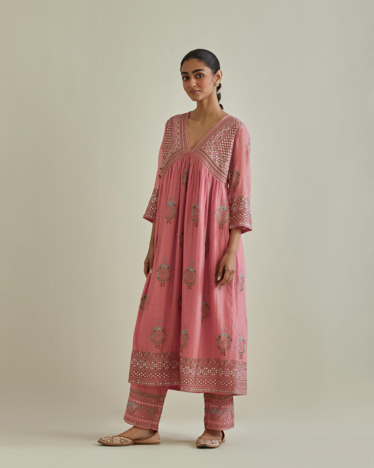 Pink cotton chanderi embroidered kurta dress set with V neck, yoke and fine gathers at empire line.