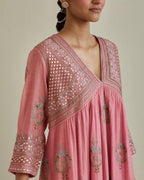 Pink cotton chanderi embroidered kurta dress set with V neck, yoke and fine gathers at empire line.