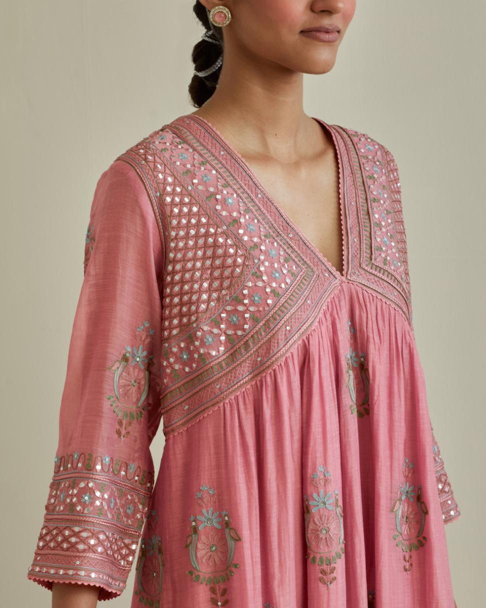 Pink cotton chanderi embroidered kurta dress set with V neck, yoke and fine gathers at empire line.