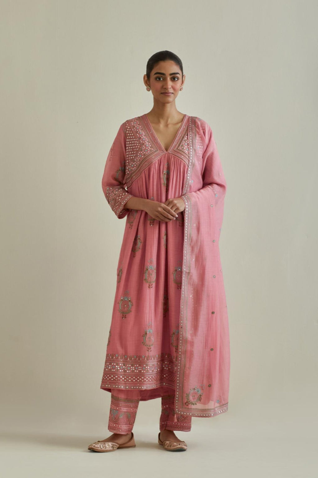 Pink cotton chanderi embroidered kurta dress set with V neck, yoke and fine gathers at empire line.