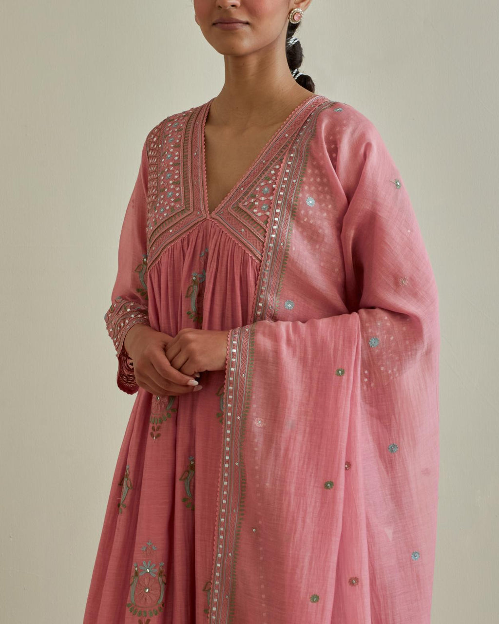 Pink cotton chanderi embroidered kurta dress set with V neck, yoke and fine gathers at empire line.
