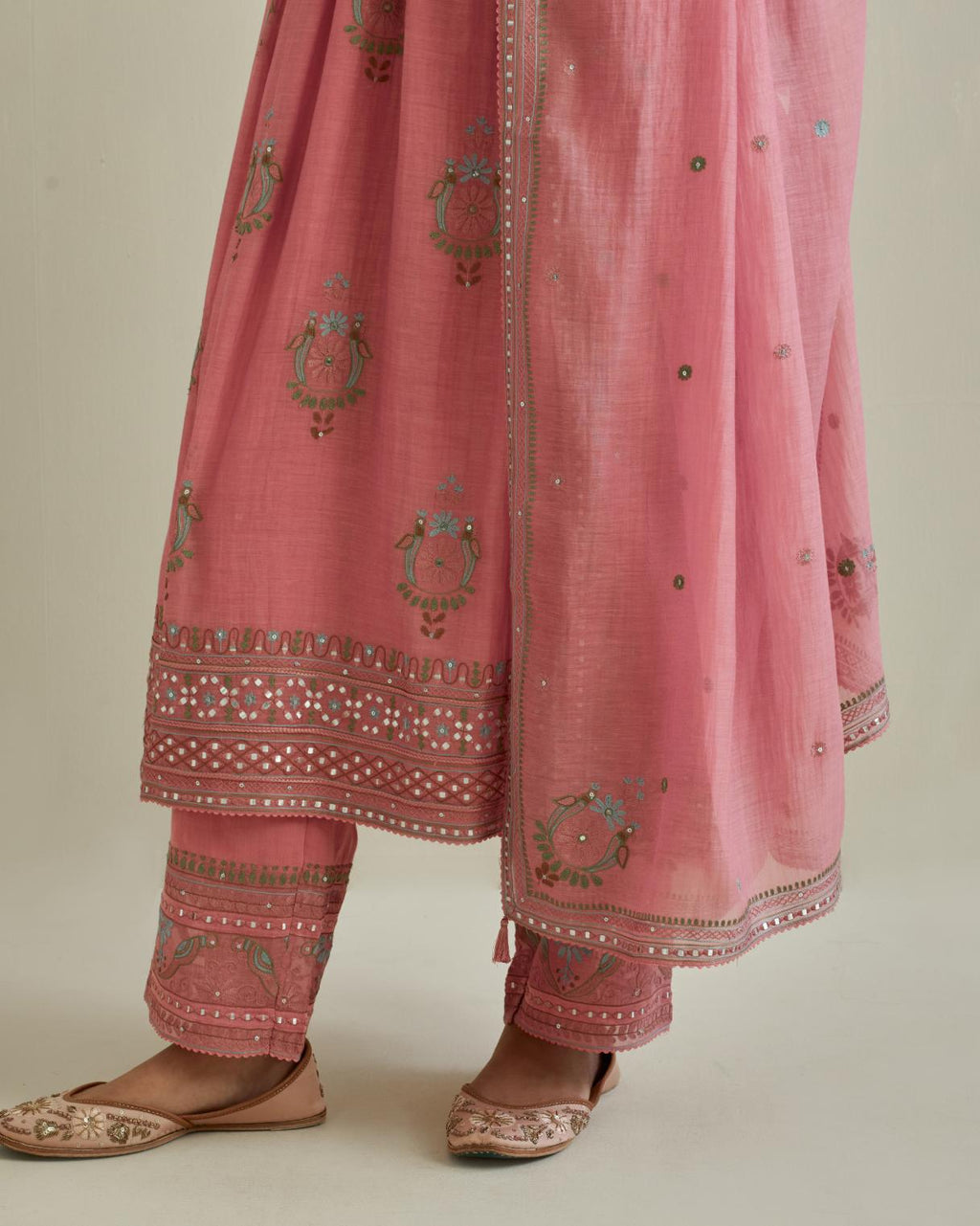Pink cotton chanderi embroidered kurta dress set with V neck, yoke and fine gathers at empire line.