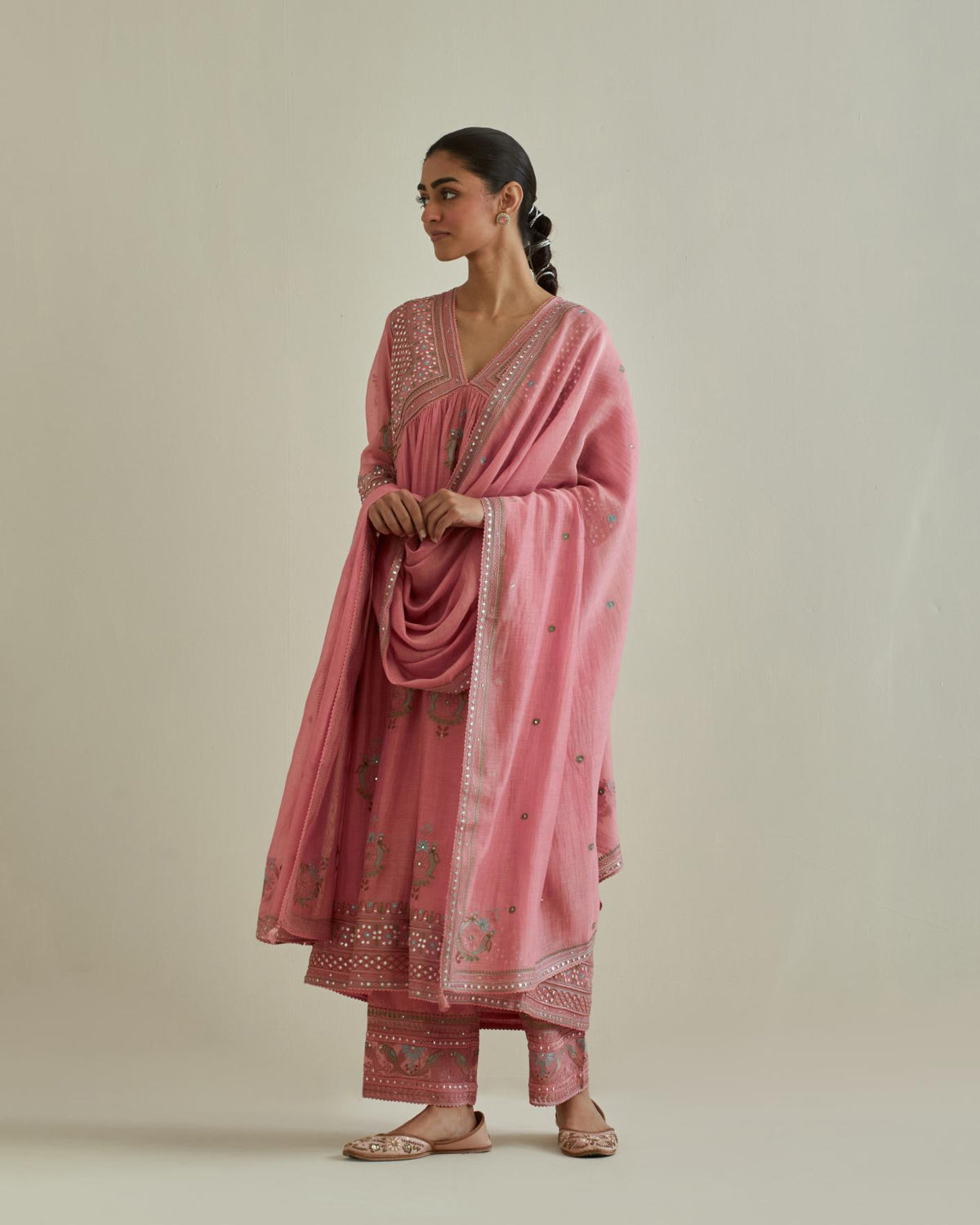 Pink cotton chanderi embroidered kurta dress set with V neck, yoke and fine gathers at empire line.