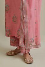Pink cotton chanderi dupatta with delicate silk thread embroidery, highlighted with braids, mirrors and sequins work.