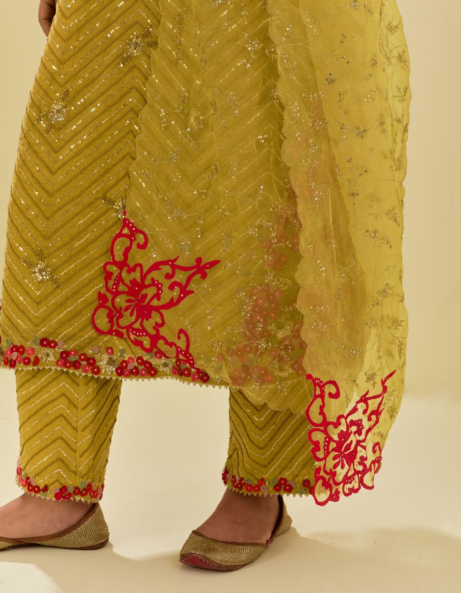 Yellow tissue chanderi straight kurta set with delicate hand cut silk flower embroidery, highlighted with gold sequins and beads.
