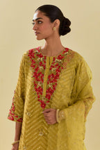 Yellow tissue chanderi straight kurta set with delicate hand cut silk flower embroidery, highlighted with gold sequins and beads.
