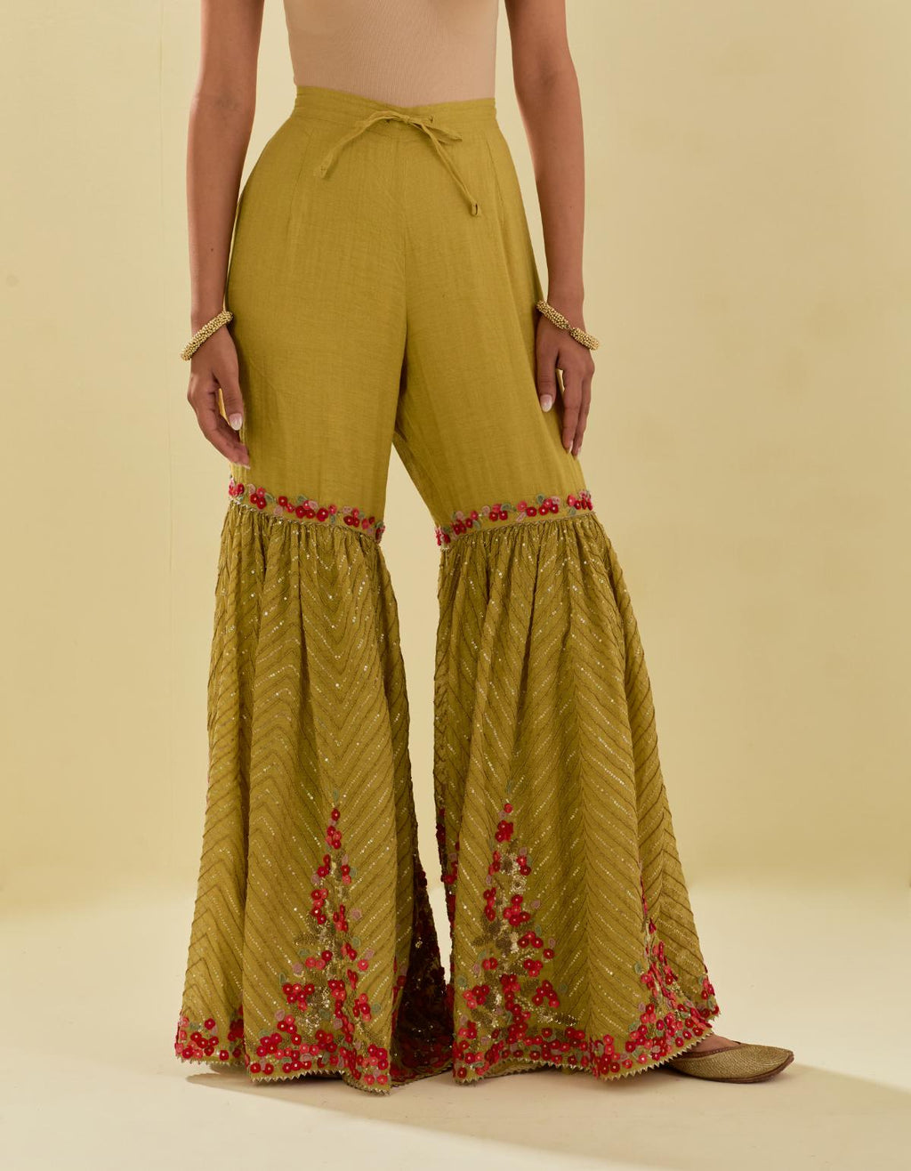 Yellow tissue chanderi farshi with delicate hand cut silk flower embroidery, highlighted with gold sequins and beads.