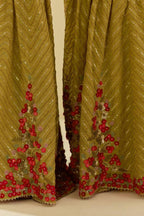 Yellow tissue chanderi farshi with delicate hand cut silk flower embroidery, highlighted with gold sequins and beads.