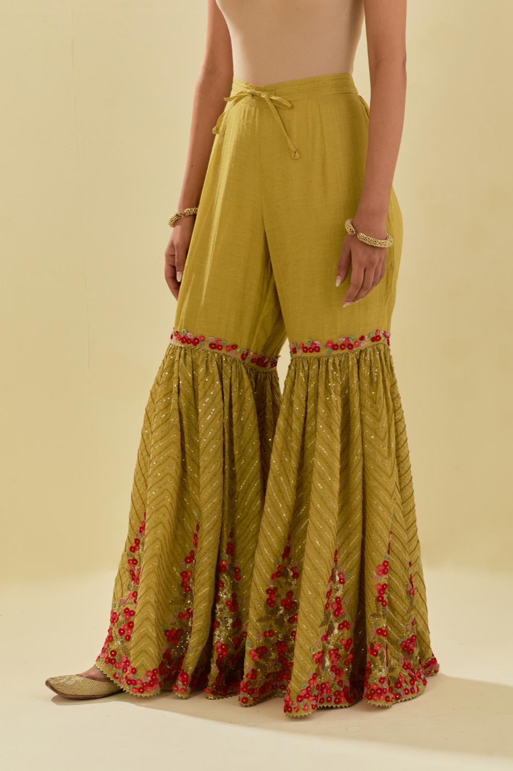 Yellow tissue chanderi farshi with delicate hand cut silk flower embroidery, highlighted with gold sequins and beads.