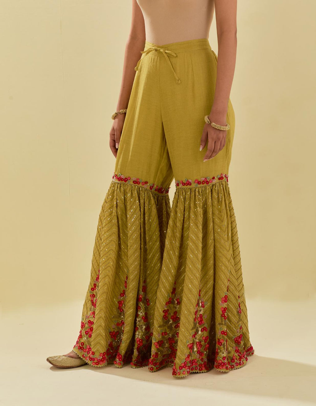 Yellow tissue chanderi farshi with delicate hand cut silk flower embroidery, highlighted with gold sequins and beads.