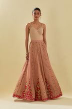 Pink tissue chanderi lehenga with all-over delicate hand cut silk flower embroidery, highlighted with gold sequins.