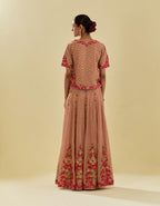 Pink tissue chanderi short top set with delicate hand cut silk flower embroidery, highlighted with gold sequins and beads.