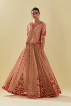 Pink tissue chanderi short top set with delicate hand cut silk flower embroidery, highlighted with gold sequins and beads.