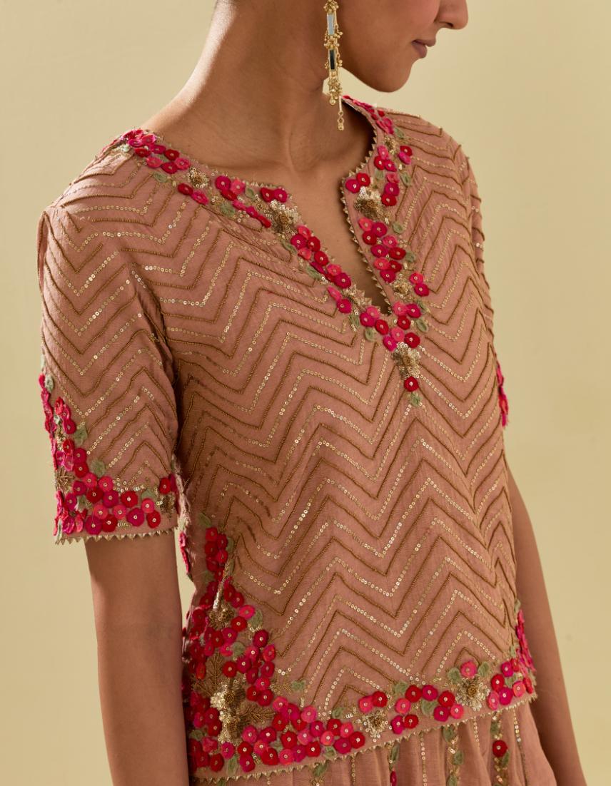Pink tissue chanderi short top set with delicate hand cut silk flower embroidery, highlighted with gold sequins and beads.