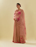 Pink tissue chanderi short top set with delicate hand cut silk flower embroidery, highlighted with gold sequins and beads.