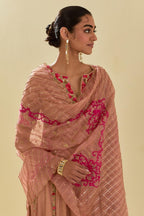 Pink silk organza dupatta with delicate gold zari embroidery & silk applique work, highlighted with gold sequins and beads.