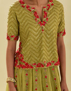 Green tissue chanderi short top set with delicate hand cut silk flower embroidery, highlighted with gold sequins and beads.
