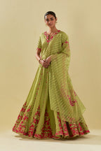 Green tissue chanderi short top set with delicate hand cut silk flower embroidery, highlighted with gold sequins and beads.