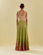 Green tissue chanderi short top set with delicate hand cut silk flower embroidery, highlighted with gold sequins and beads.