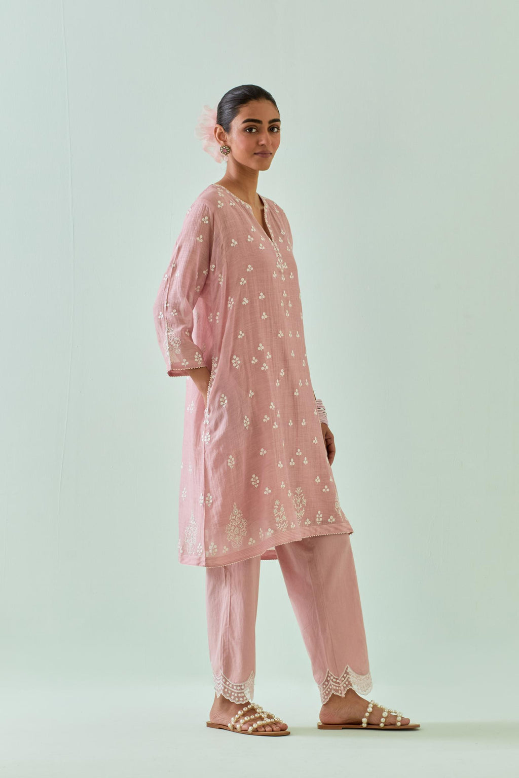 Pink kalidar cotton chanderi short kurta set, highlighted with delicate off-white embroidery.