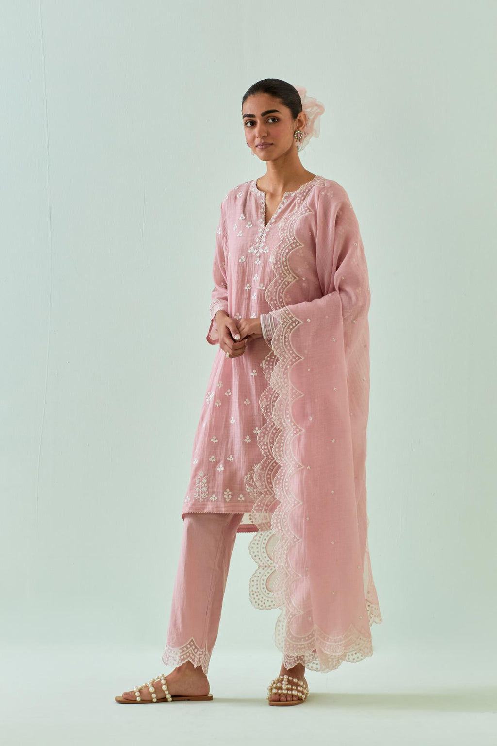 Pink kalidar cotton chanderi short kurta set, highlighted with delicate off-white embroidery.